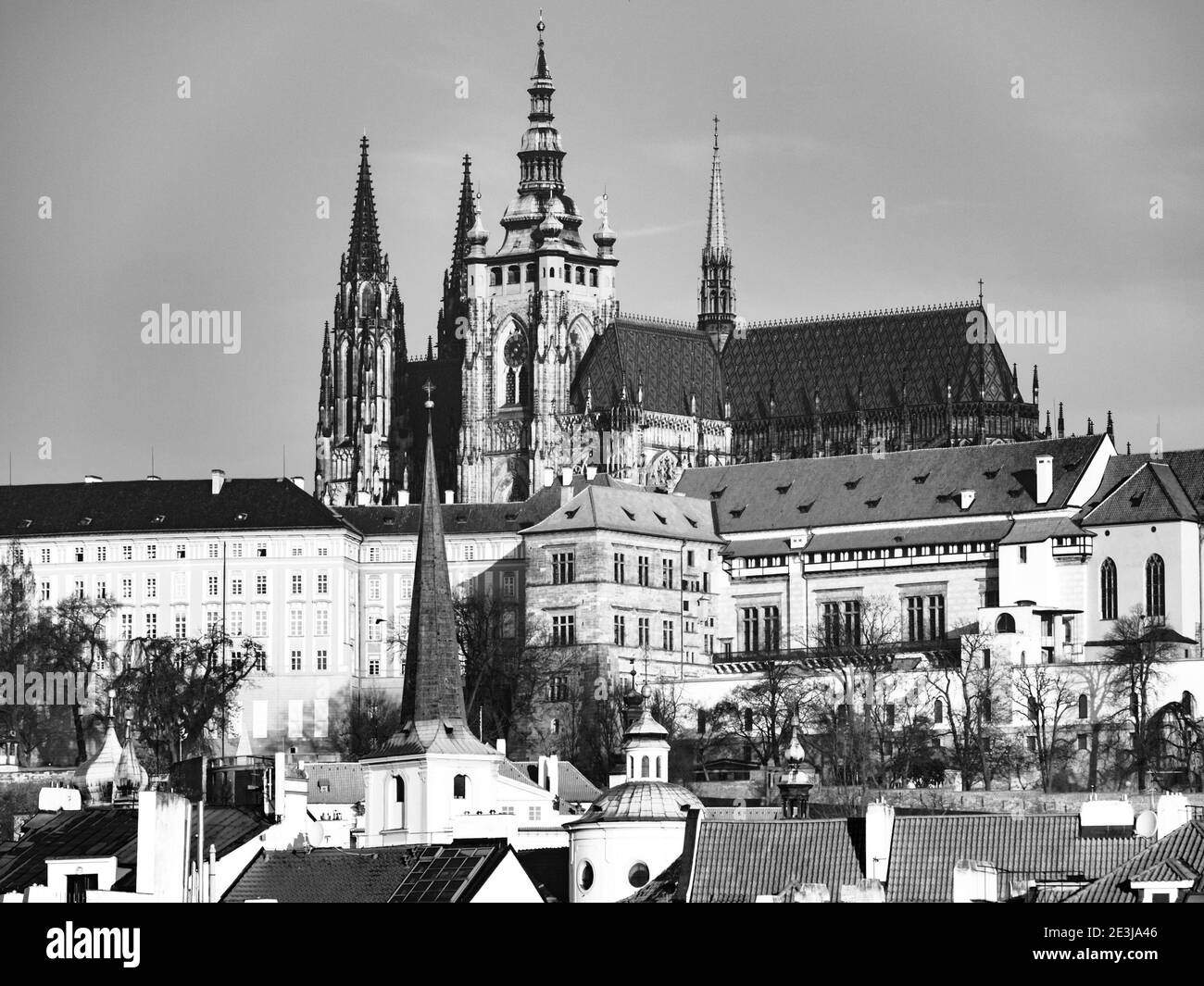 Prague Castle and St Vitus Cathedral on sunny day, Prague, Czech Republic. Black and white image. Stock Photo