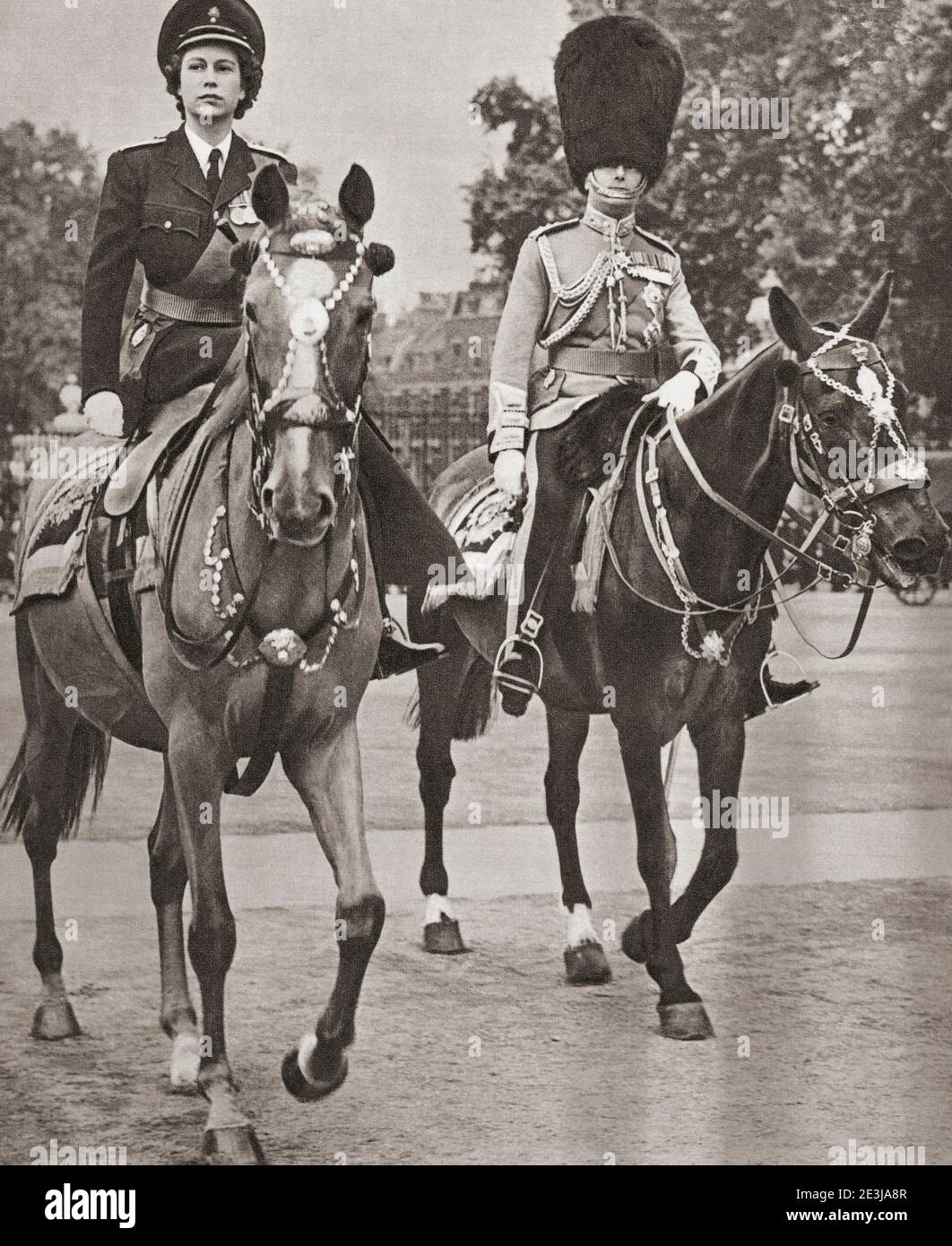 EDITORIAL ONLY Princess Elizabeth of York and the Duke of Gloucester at the ceremony of Trooping the Colour, 1949.  Princess Elizabeth of York, born 1926, future Elizabeth II, Queen of the United Kingdom.  Prince Henry, Duke of Gloucester, 1900 – 1974. Uncle to Princess Elizabeth. From The Queen Elizabeth Coronation Book, published 1953. Stock Photo