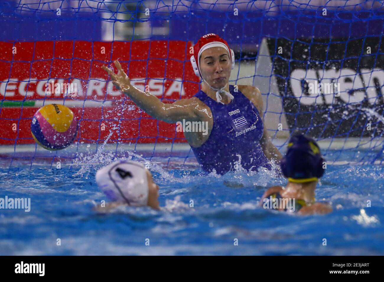 TRIESTE, ITALY - JANUARY 19: Nikoleta Eleftheriadou of Greece, Chrysoula Diamantopoulou of Greece, Anna Turova of Kazakhstan during the match between Greece and Kazakhstan at Women's Water Polo Olympic Games Qualification Tournament at Bruno Bianchi Aquatic Center on January 19, 2021 in Trieste, Italy (Photo by Marcel ter Bals/Orange Pictures/Alamy Live News) Stock Photo
