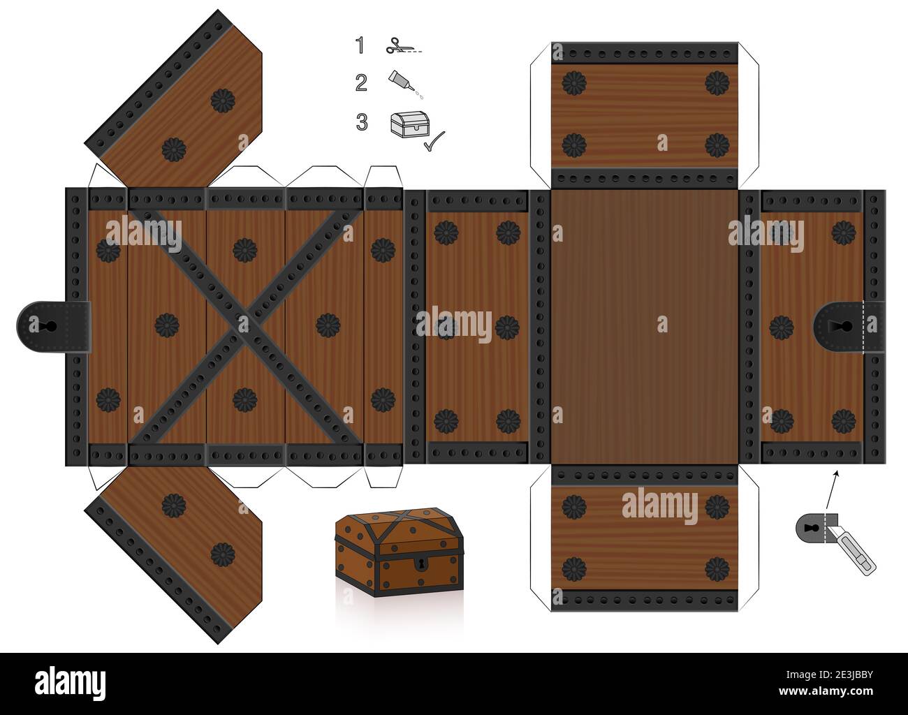 Treasure chest template. Cut out, fold and glue it. Paper model with lid that can be opened. Wooden textured box for precious objects, luxury. Stock Photo