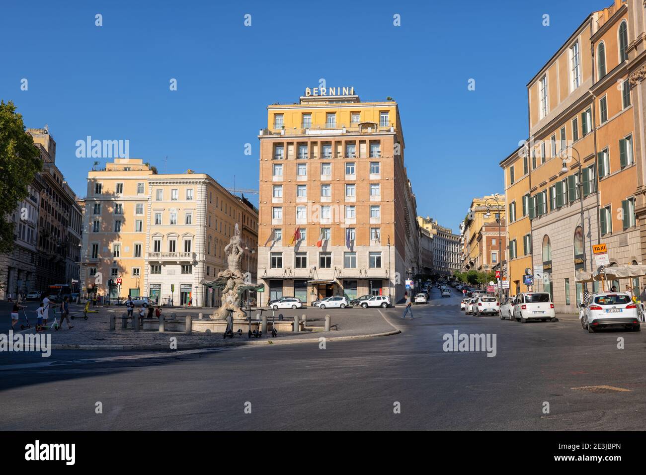 Piazza Barberini in Rome, Italy, square in the city center with Triton Fountain and  Hotel Bernini Bristol Stock Photo