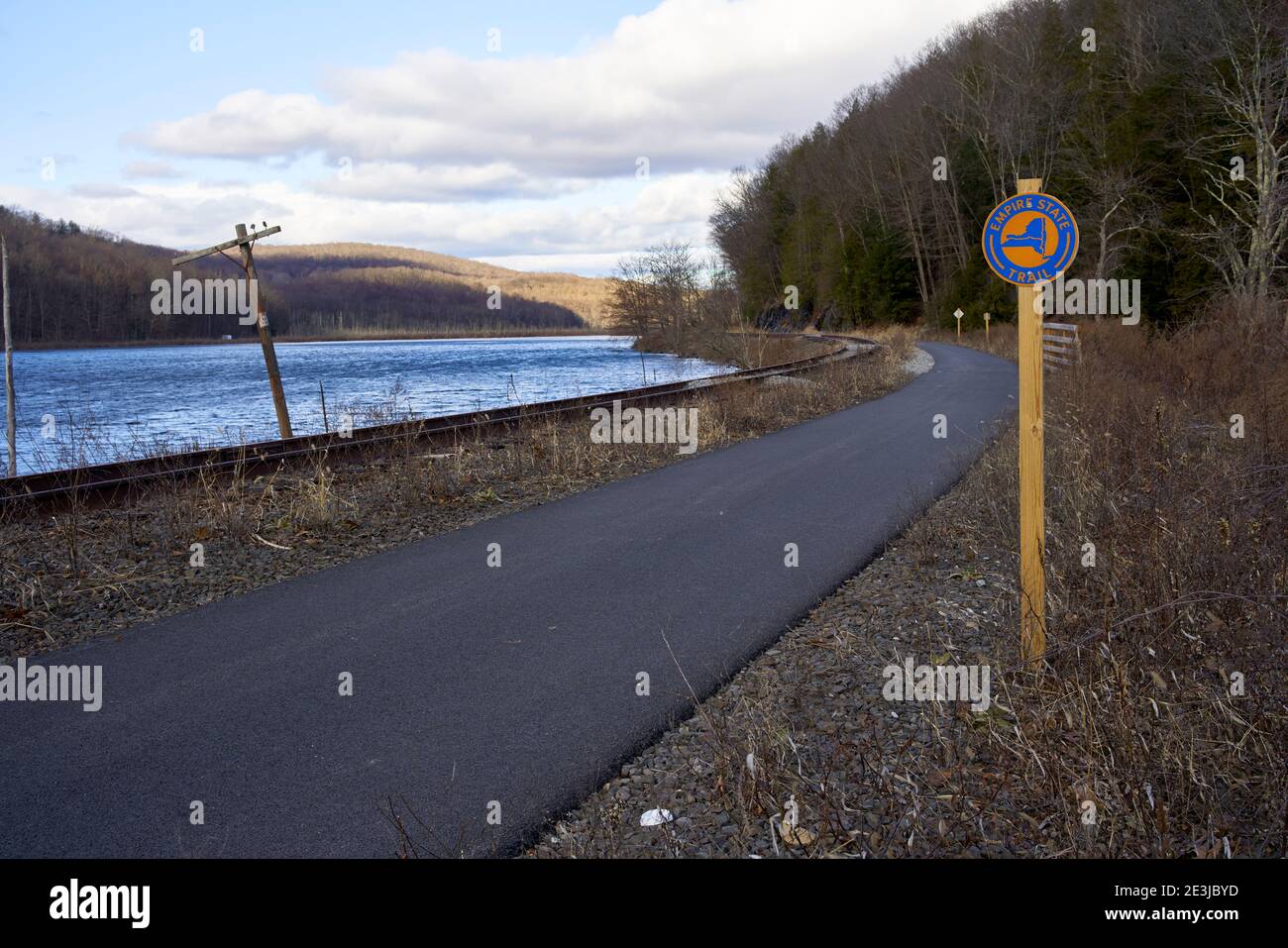 Empire State Trail signage along bike path in the Hudson River Valley. Stock Photo