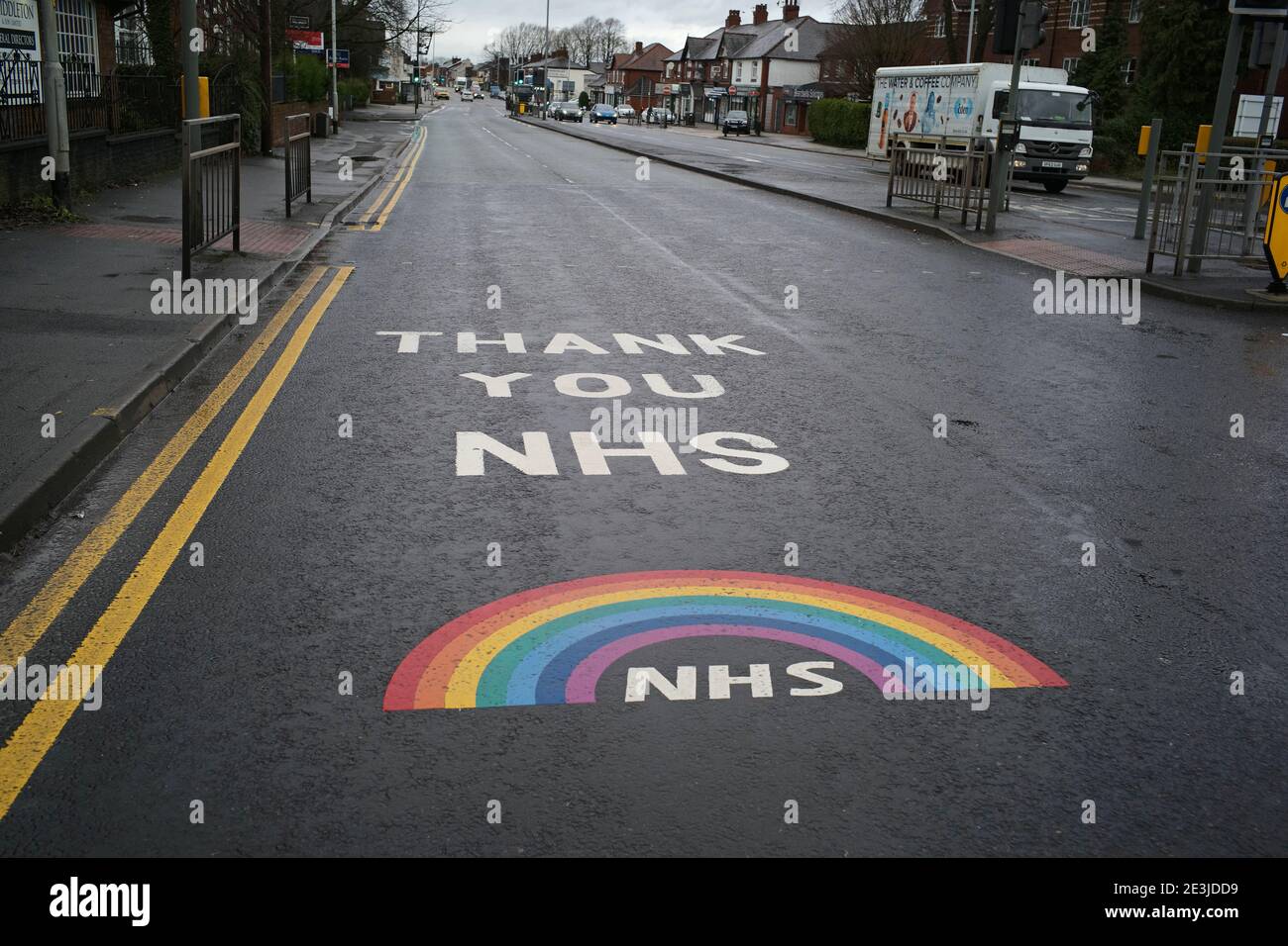 Image shows a painted sign on London Road, Stockport, outside Stepping Hill Hospital thanking NHS workers for their help during the Covid 19 pandemic. Stock Photo