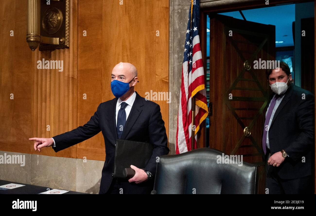 UNITED STATES - JANUARY 19: Alejandro Mayorkas, nominee to be Secretary of Homeland Security arrives for his confirmation hearing in the Senate Homeland Security and Governmental Affairs Committee on Tuesday, Jan. 19, 2021. Credit: Bill Clark - Pool via CNP | usage worldwide Stock Photo