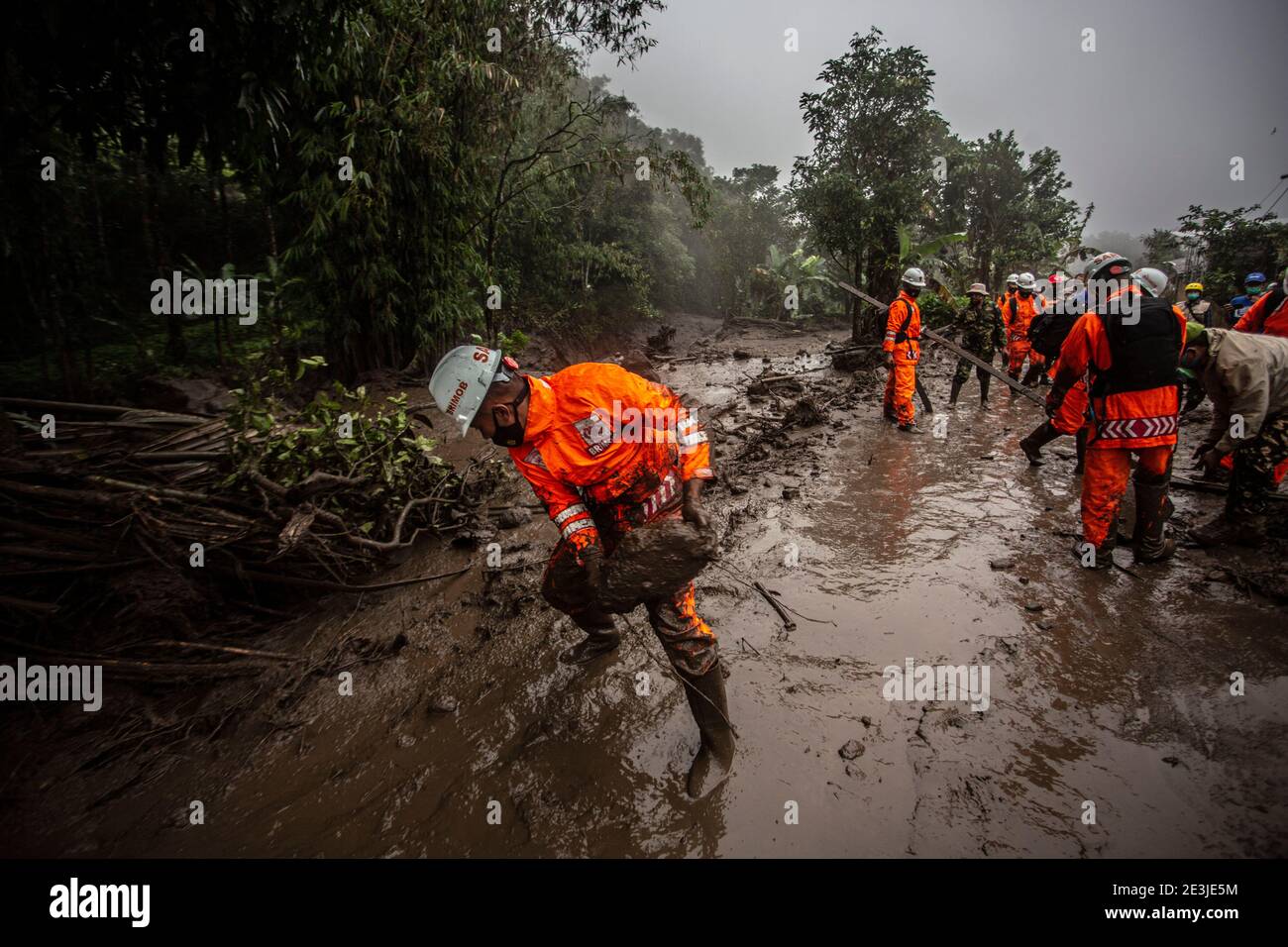 Indonesian Rescuers at a village in Gunung Mas, Bogor Regency, West