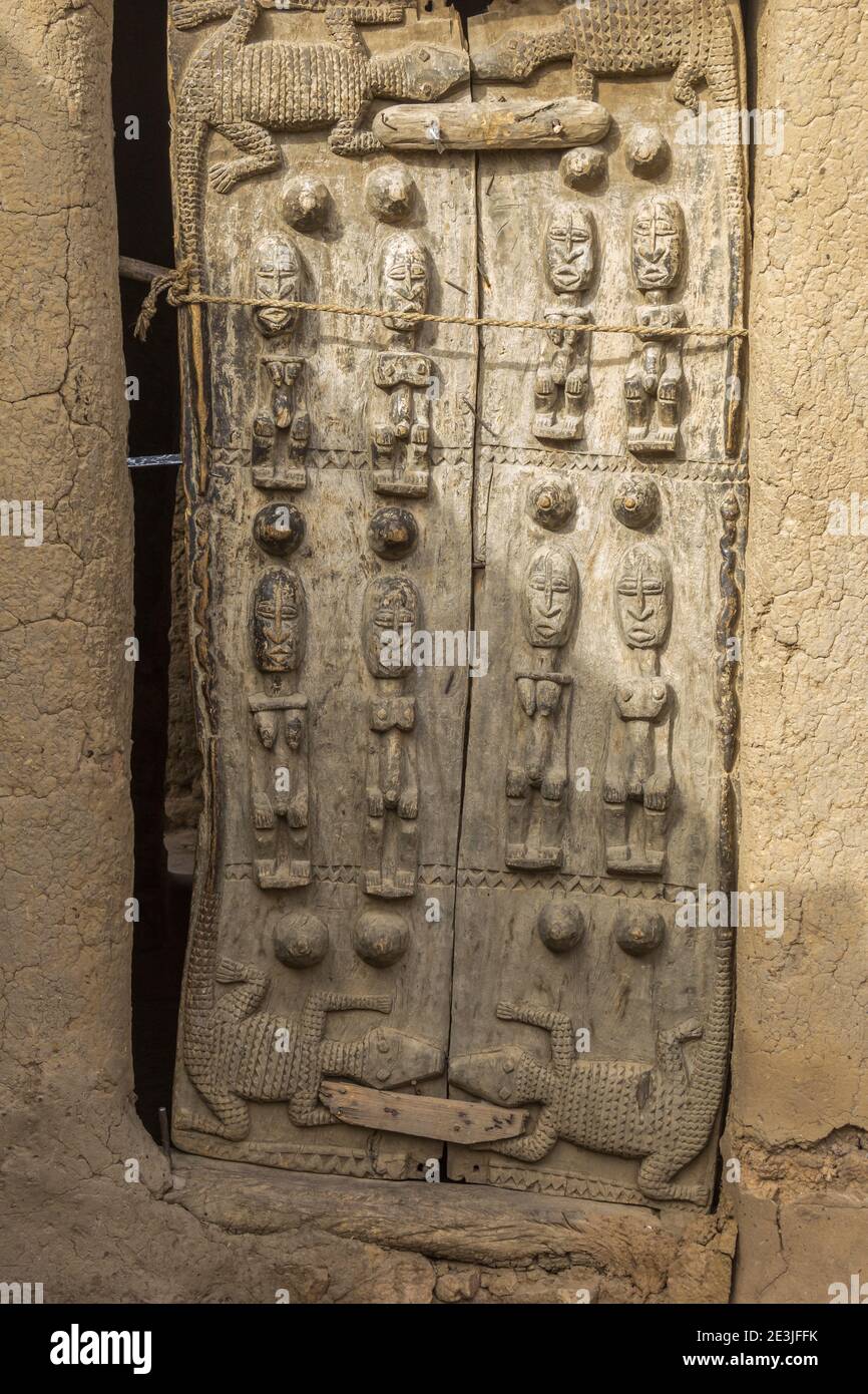 Wooden sculptures on Dogon doors in Sangha, Mali, Africa Stock Photo Alamy