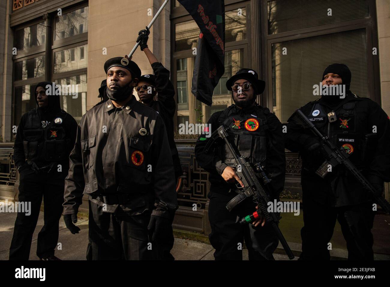 RICHMOND, VIRGINIA, JANUARY 18- Members of the New Black Panthers, Black Lives Matter 757, Black Lives Matter Richmond Virginia and the Fred Hampton Militia attend a second amendment rally during Lobby Day at the Virginia State Capitol on January 18, 2021 in Richmond, Virginia.  Photo: Chris Tuite/ImageSPACE Stock Photo
