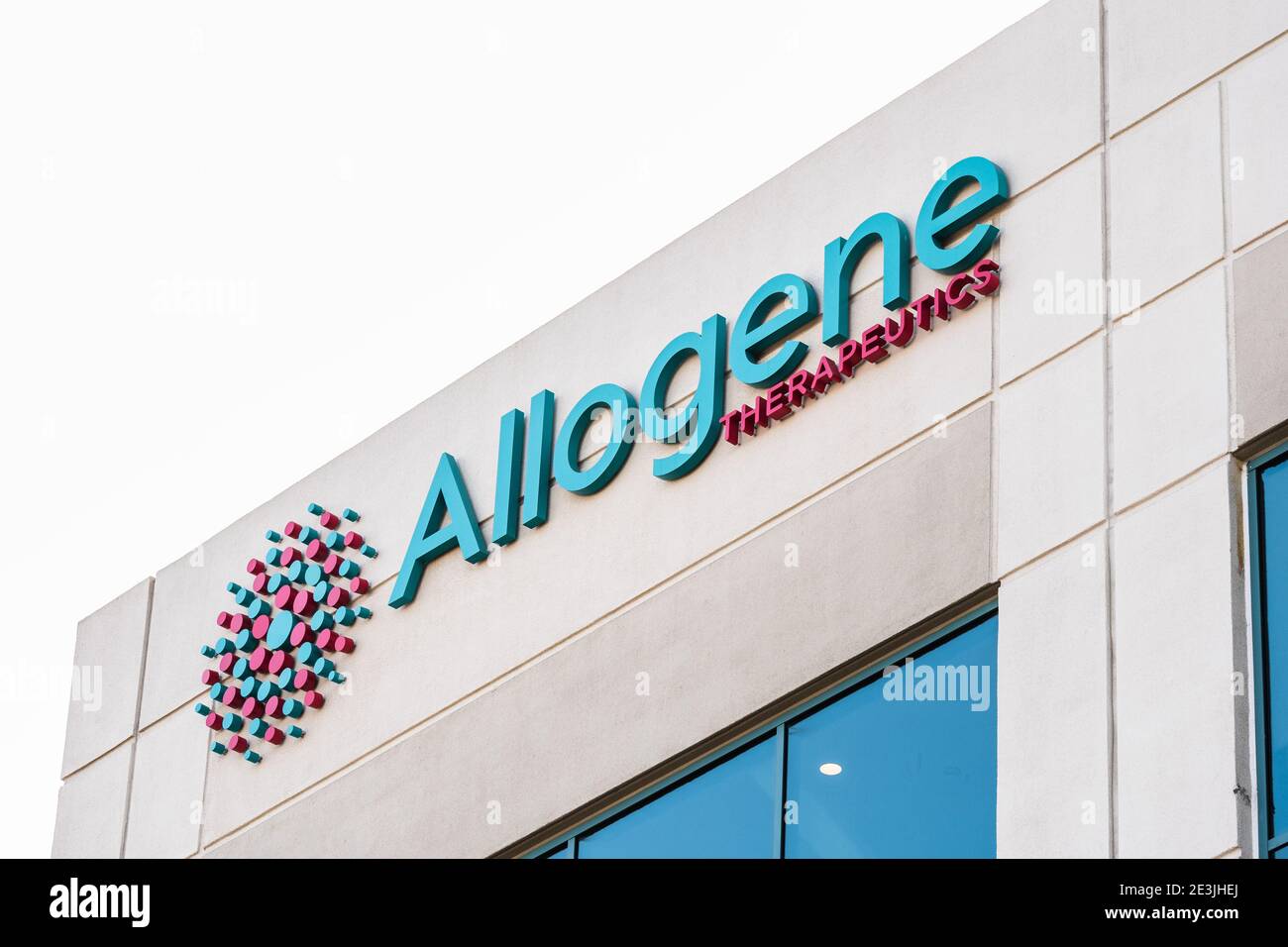 Sep 21, 2020 South San Francisco / CA / USA - Allogene sign at their headquarters in Silicon Valley; Allogene Therapeutics, Inc. operates as a biotech Stock Photo