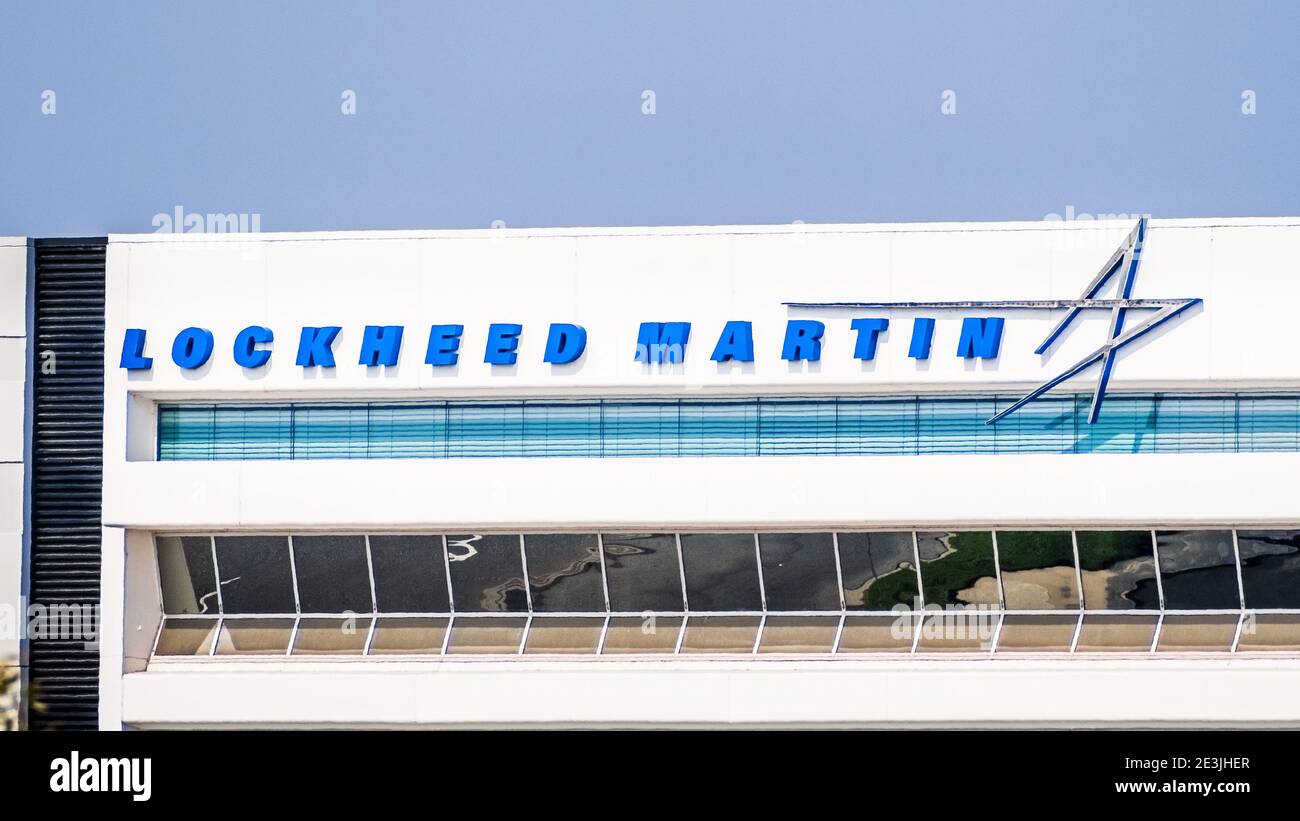 Oct 8, 2020 Sunnyvale / CA / USA - Lockheed Martin logo at their Silicon Valley headquarters; Lockheed Martin Corporation is an American aerospace, se Stock Photo