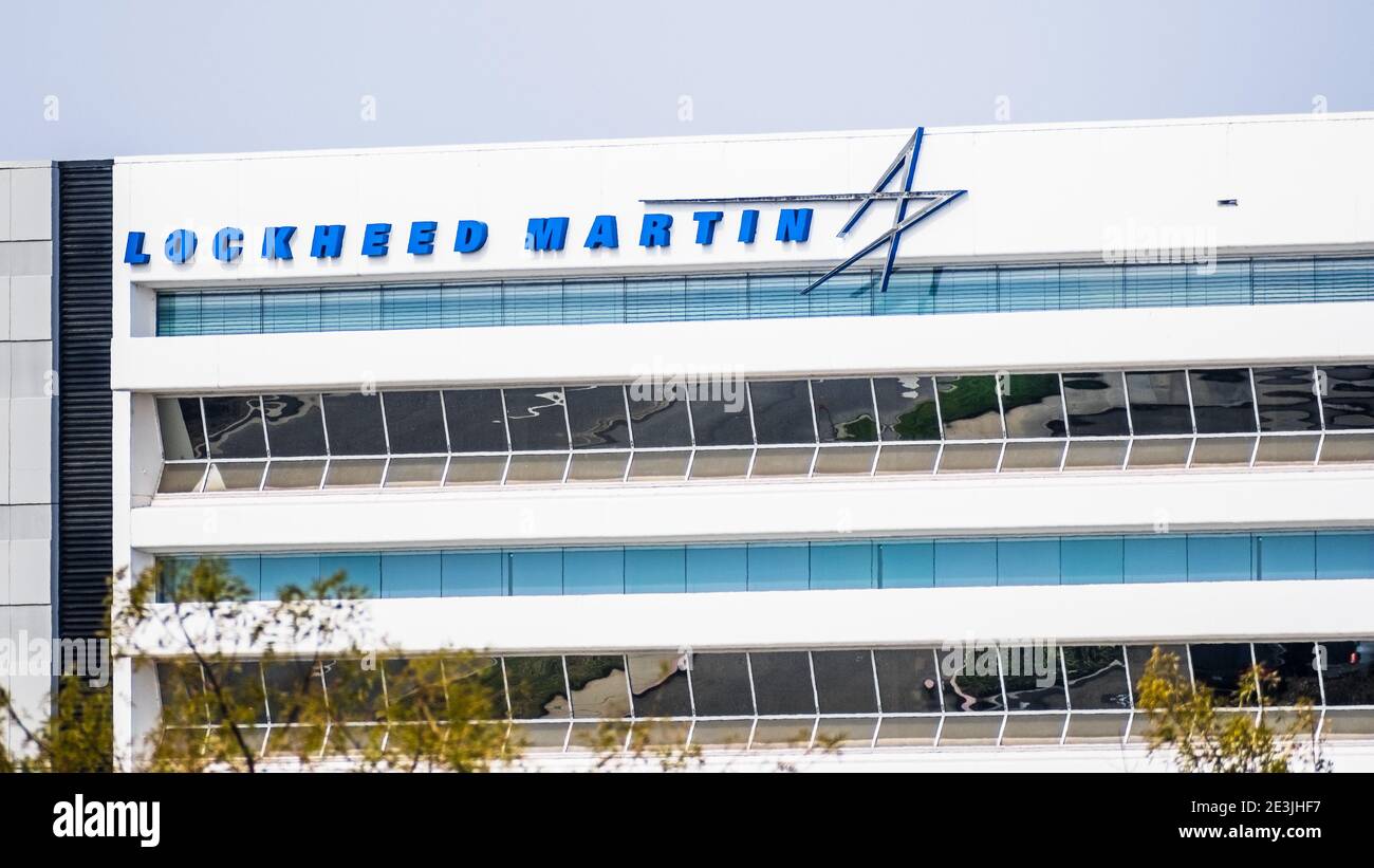 Oct 8, 2020 Sunnyvale / CA / USA - Lockheed Martin headquarters located in Silicon Valley; Lockheed Martin Corporation is an American aerospace, secur Stock Photo
