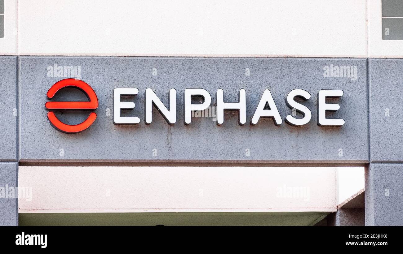 Sep 17, 2020 Fremont / CA / USA - Enphase logo at their headquarters in Silicon Valley; Enphase Energy Inc. manufactures solar power solutions and is Stock Photo