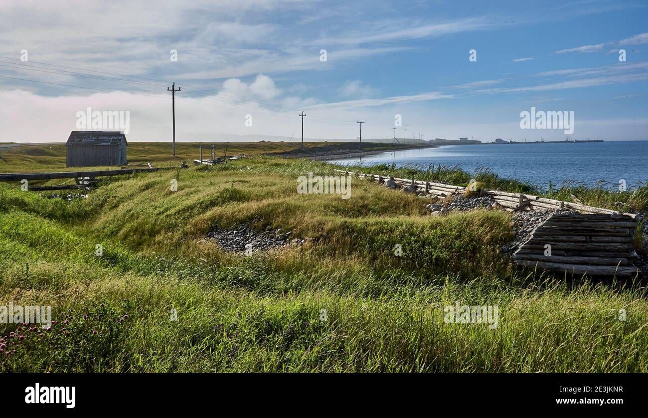 Coastal shore path with cabin in Newfoundland Stock Photo