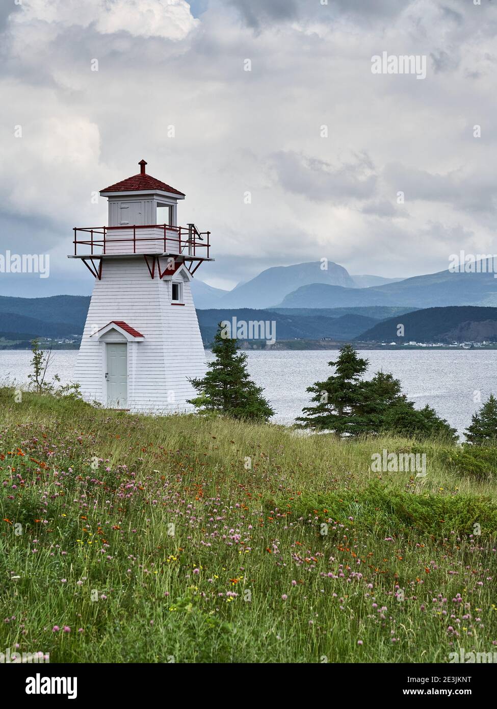 Wooden lighthouse on coast of Newfoundland Stock Photo