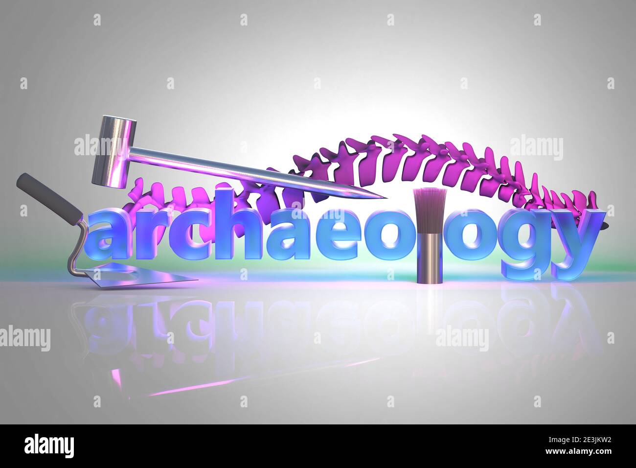 The word Archaeology and the archaeologist's tools trowel, hammer and brush. The bones of a spine in the background, 3d illustration Stock Photo