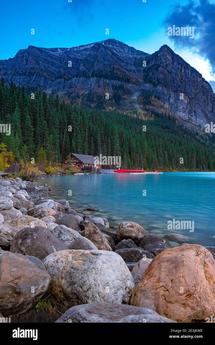 Lake Louise Canadian Rockies Banff national park, Beautiful autumn views of iconic Lake Louise in Banff National Park in the Rocky Mountains of Alberta Canada. couple vacation Lake Louise Stock Photo