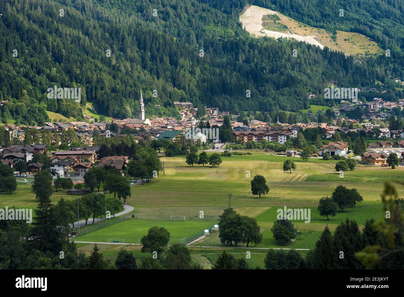 Cityscape of the small town of Pinzolo in Rendena valley. Trentino Alto Adige, Italy, Europe Stock Photo