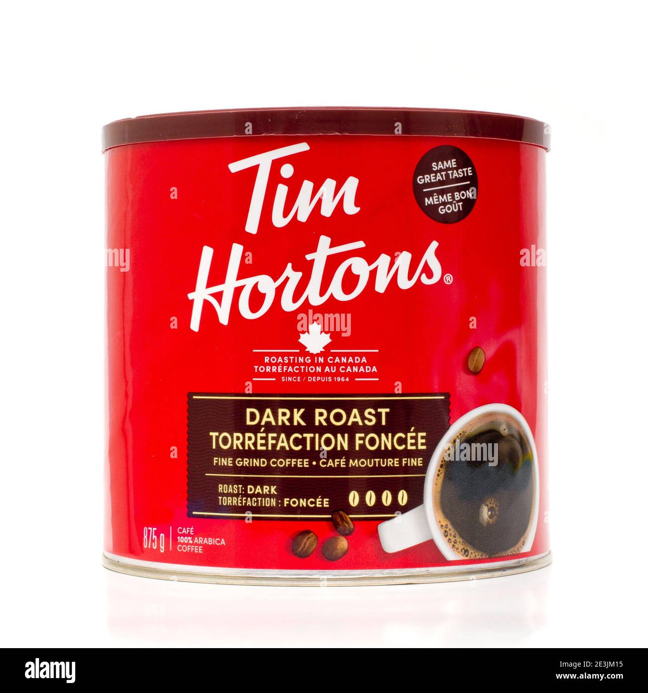 Pleasant Valley, Canada - January 19 2021: Tim Hortons coffee can. Tim Hortons is a Canadian fast service restaurant well known for its coffee and don Stock Photo