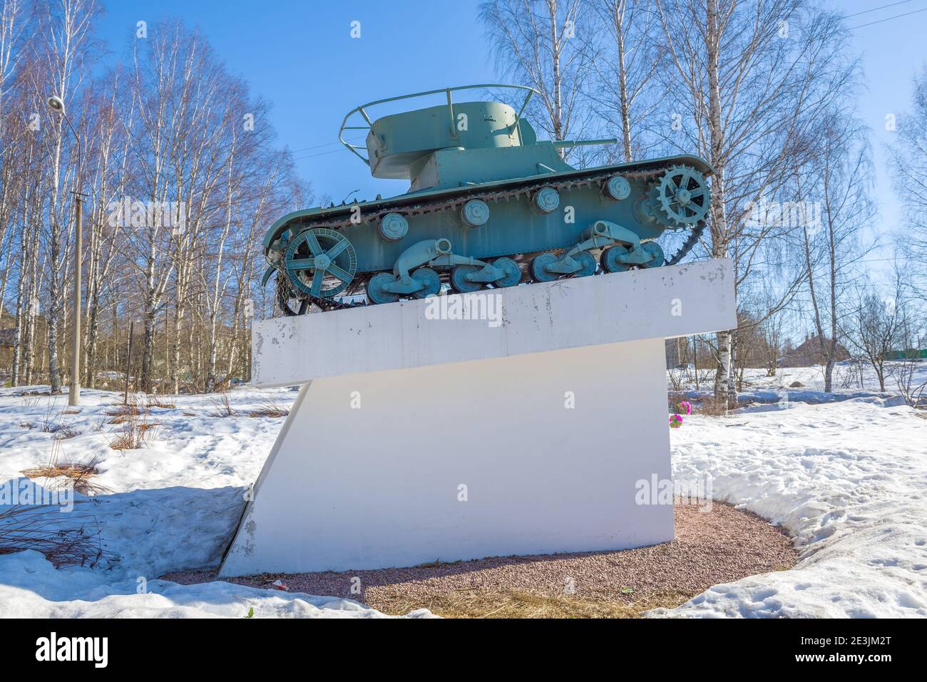 PITKYARANTA, RUSSIA - APRIL 06, 2019: Tank T-26 - monument 'Glory to the heroes!' in honor of the 60th anniversary of the victory in the Great Patriot Stock Photo