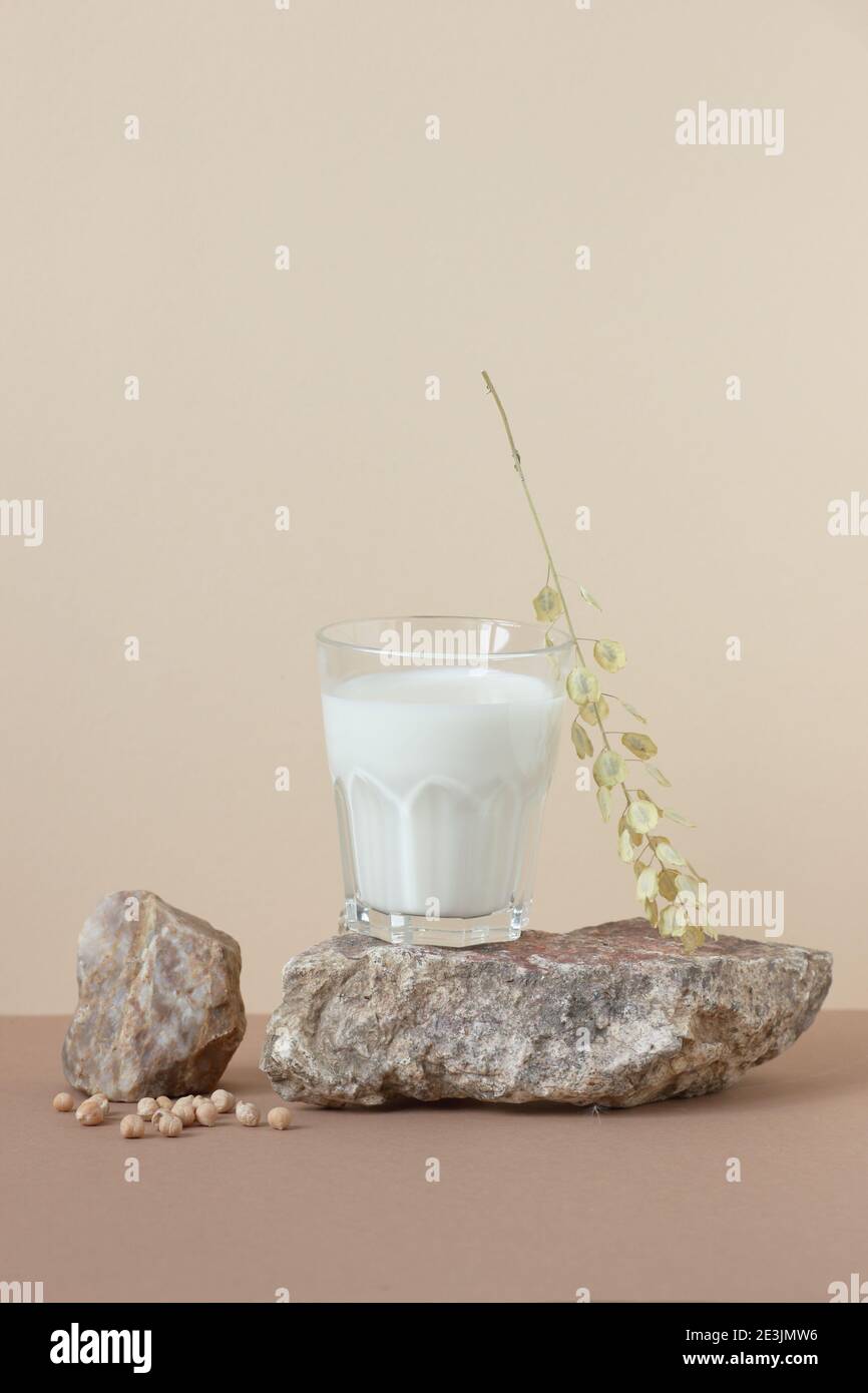 Vegan plant bean milk  from soy or pea, minimalist  composition with natural material stone, a glass with milk, dried sunflower and peas, copy space, Stock Photo