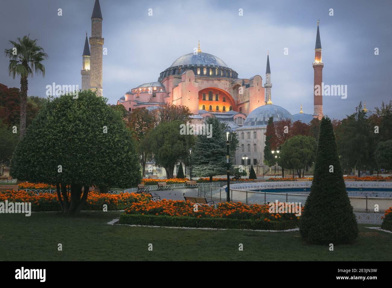 A pre-sunrise view from Sultanahmet Park in Istanbul, Turkey of the ...