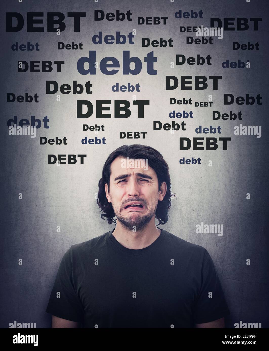 Desperate man crying, upset about huge debt amount. Dissatisfied and stressed person sobbing and weeping as has no money. Financial problems, credits Stock Photo