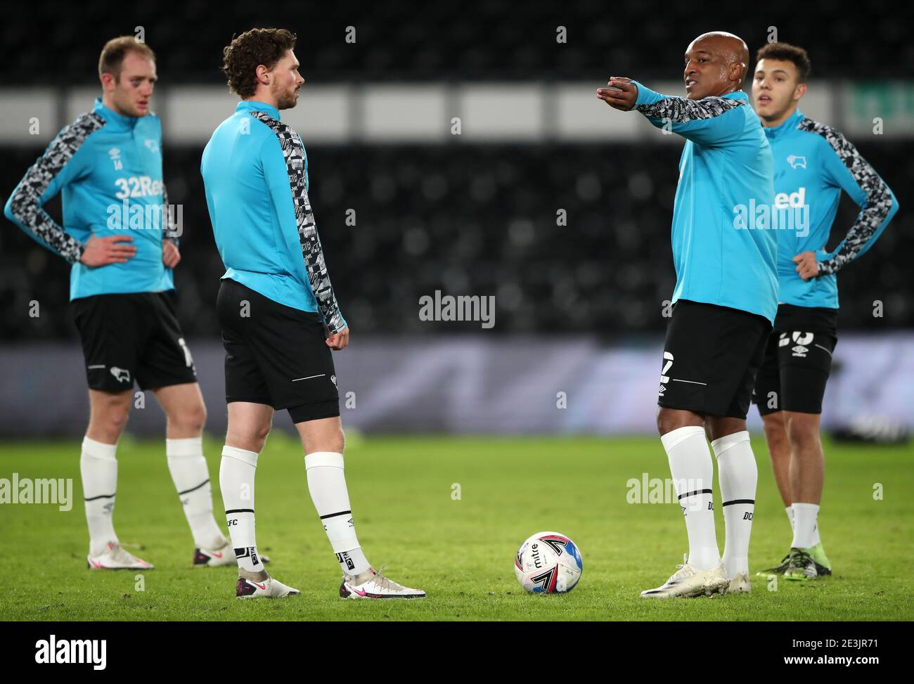 Derby County's Matt Clarke, George Evans, Andre Wisdom and Lee Buchanan before the Sky Bet Championship match at Pride Park, Derby. Picture date: Tuesday January 19, 2021. Stock Photo