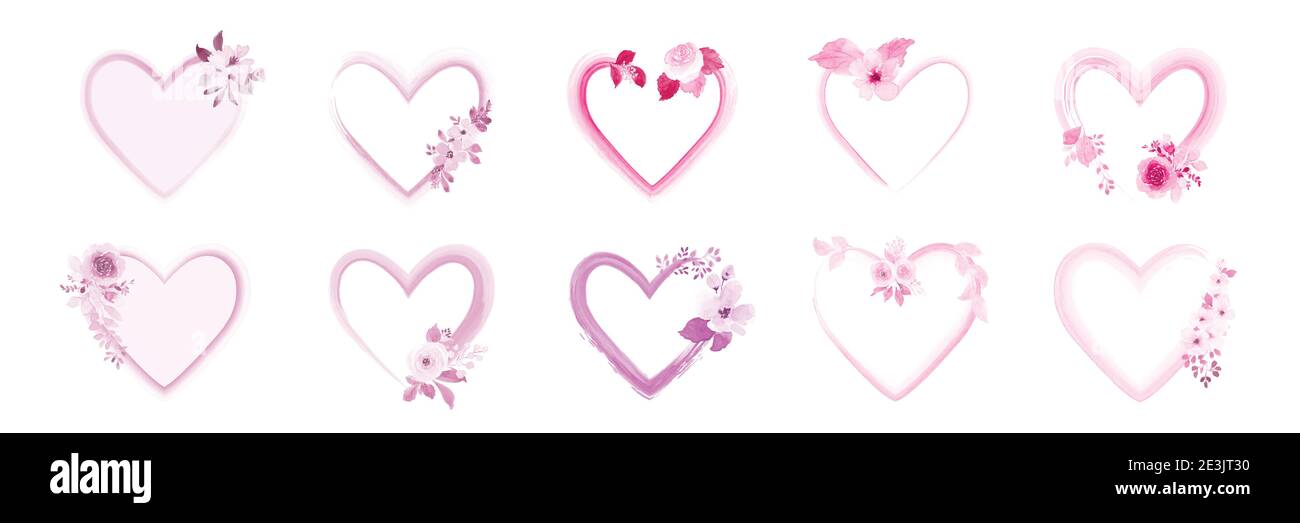 Set of heart frame decorated with beautiful pink watercolor flower bouquets. Perfect for decorating Valentine's Day festival, greeting cards, relation Stock Vector