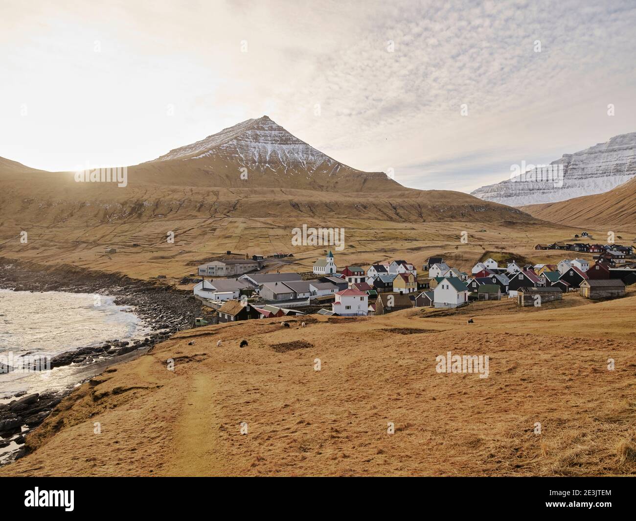 Gjogv town in the Faroe Islands at sunrise Stock Photo
