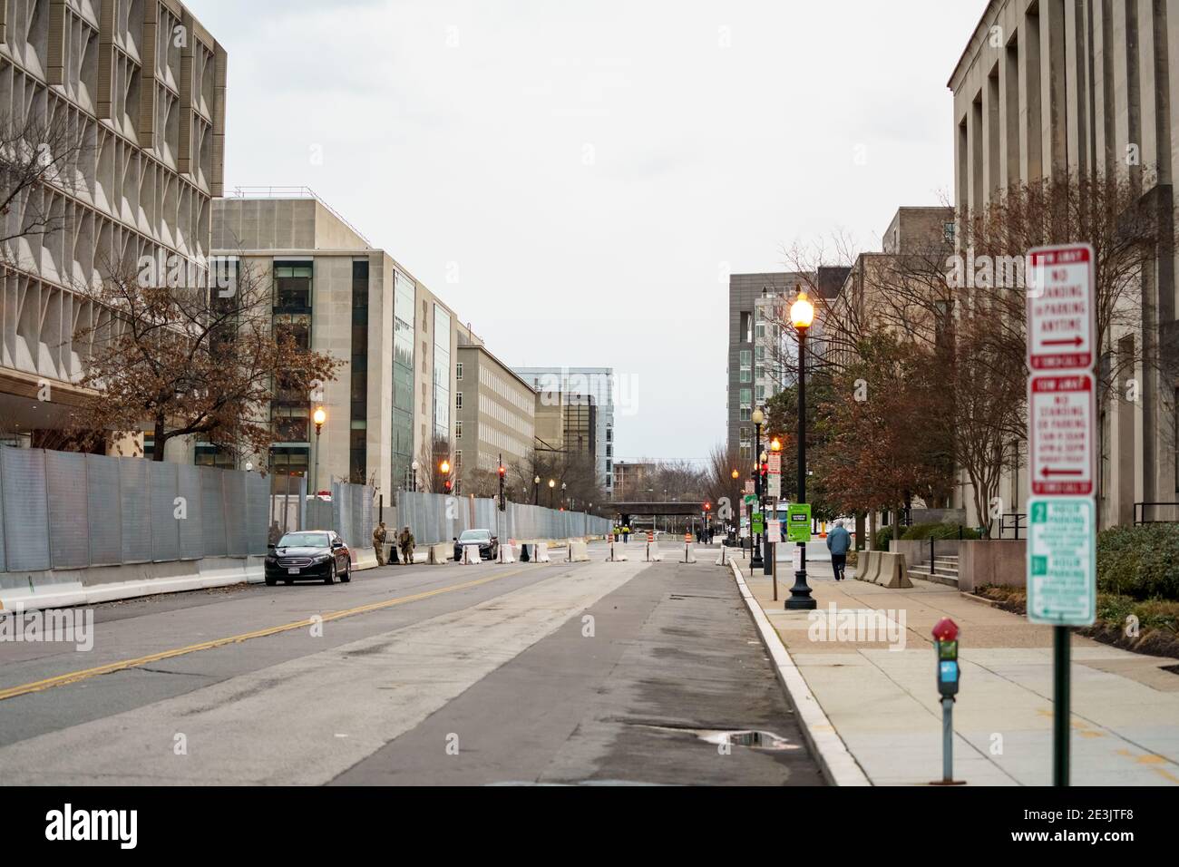 Washington DC, USA - January 17, 2021: Empty streets of Washington DC while on lock down preparation for Joe Biden Inauguration 2021 Stock Photo