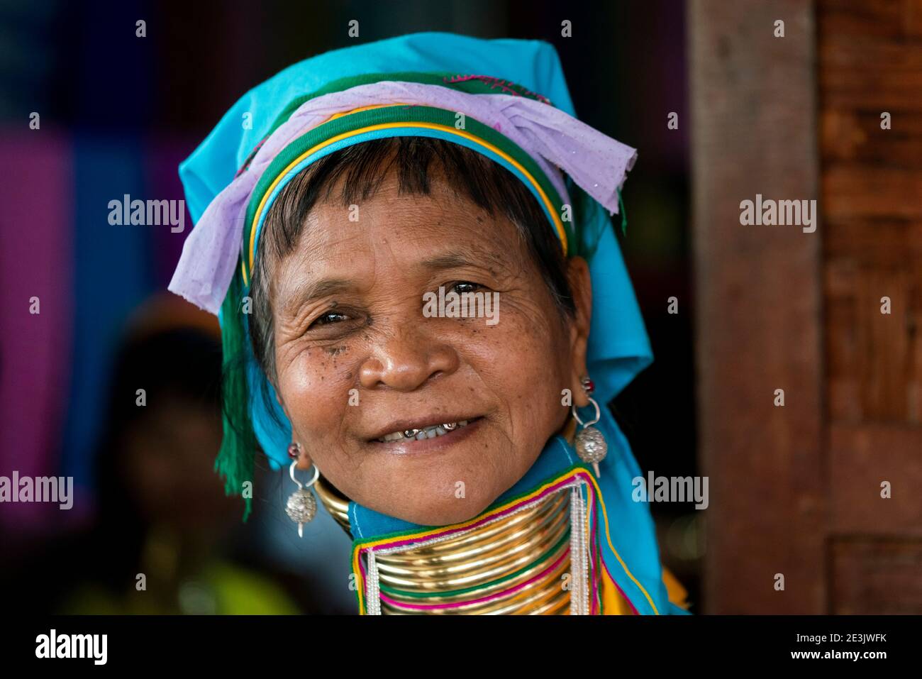 Close-up portrait of senior Kayan woman wearing traditional brass neck rings, Lake Inle, Nyaungshwe Township, Taunggyi District, Shan State, Myanmar Stock Photo