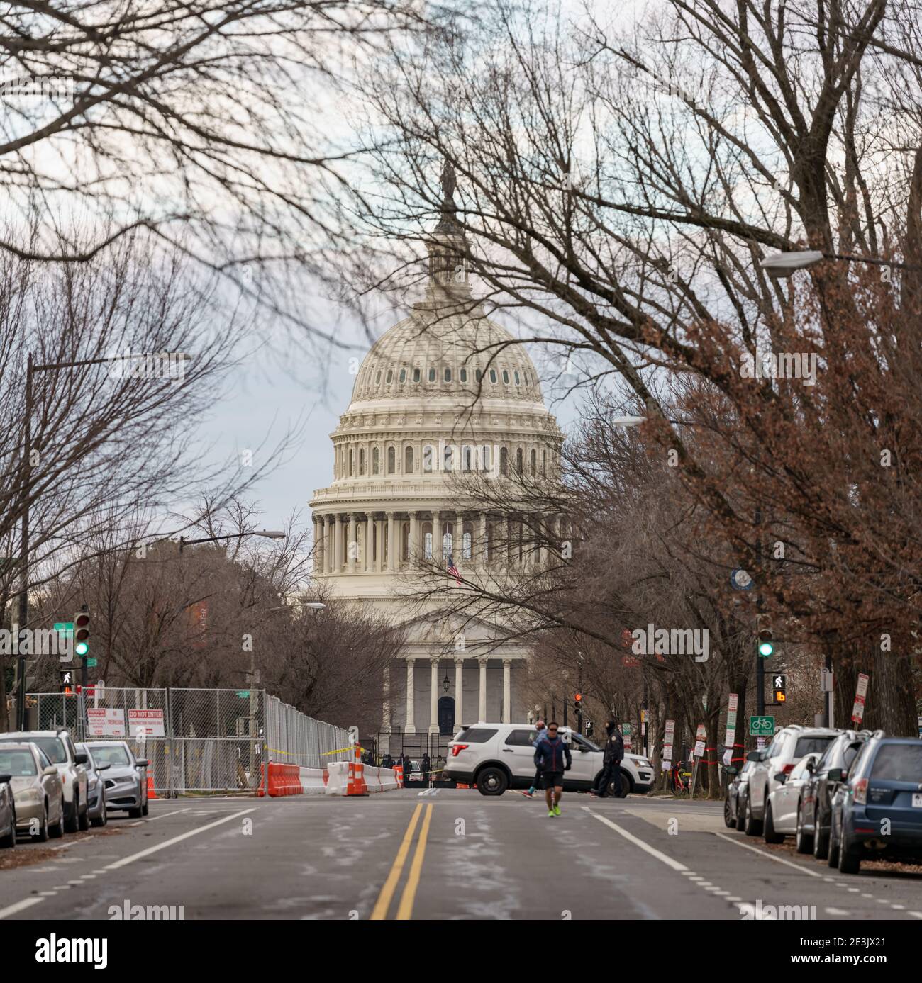 Washington DC, USA - January 17, 2021: Streets blocked in Washington DC with view of US Capitol Building Stock Photo