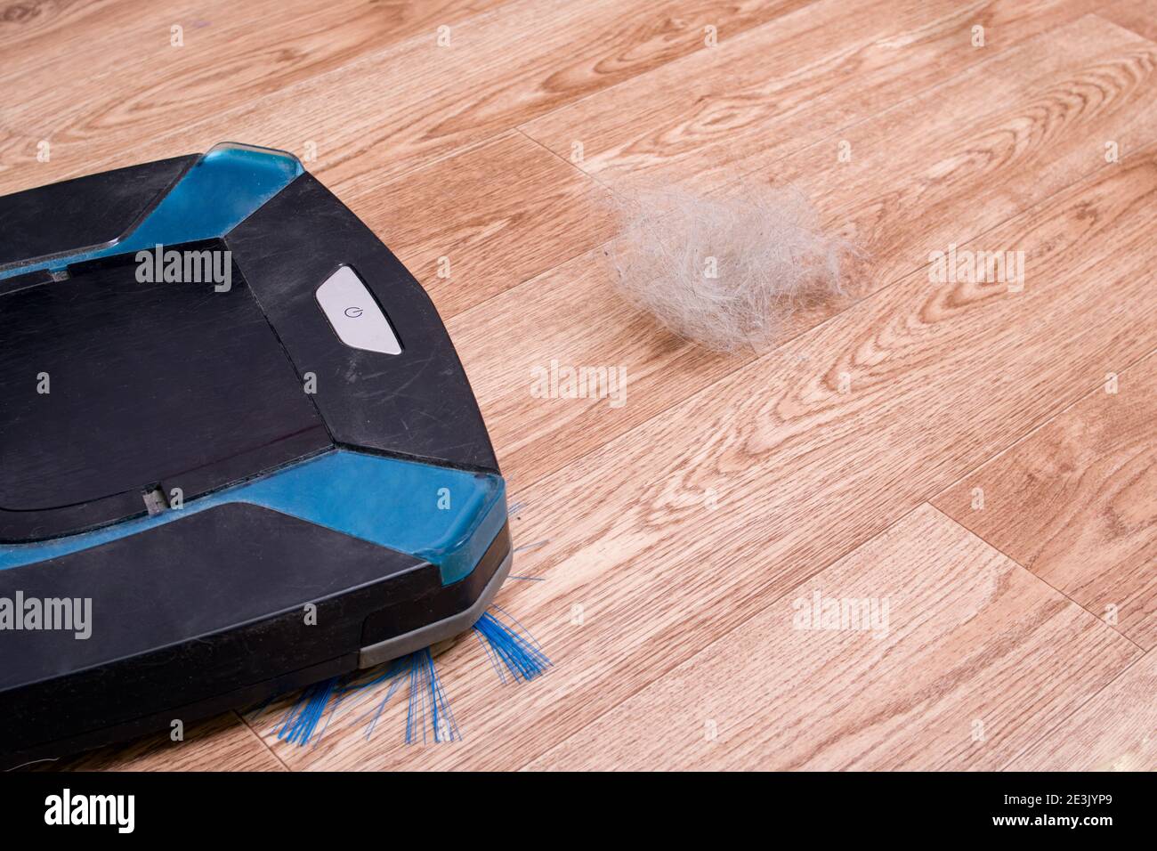 Black robot vacuum cleaner and wool on a wooden floor Stock Photo