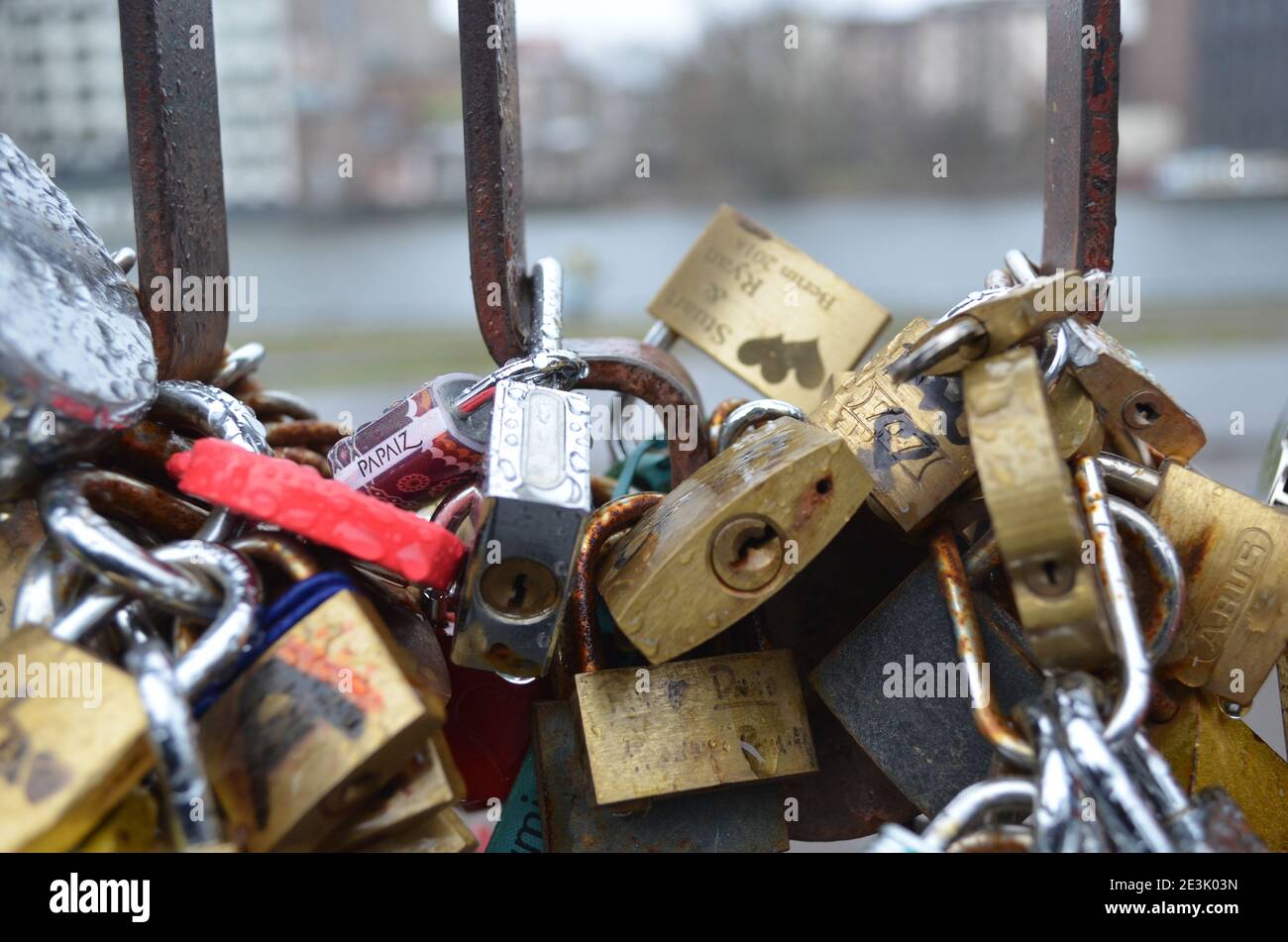 love locks hanging on the bridge in germany Stock Photo