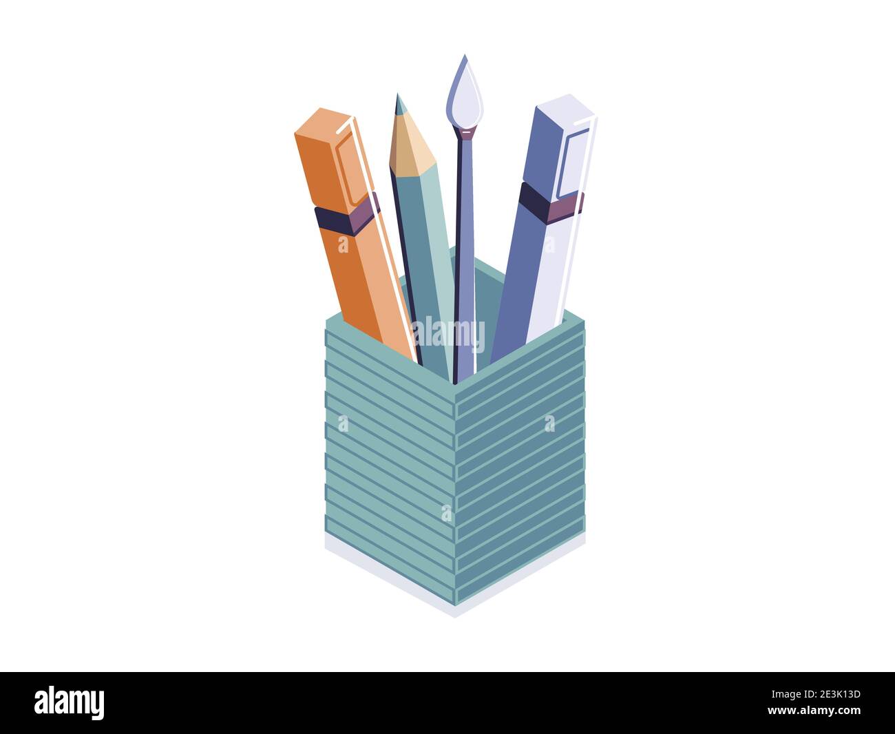 Artist's tools in holder. Brushes, pen, pencils and scissors in holder.  vector illustration. isolated. | CanStock