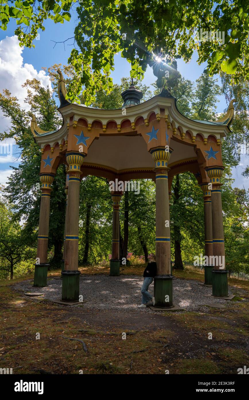 The Chinese Pavilion building on hill in Hagaparken park in Solna, northern Stockholm, Sweden. Stock Photo