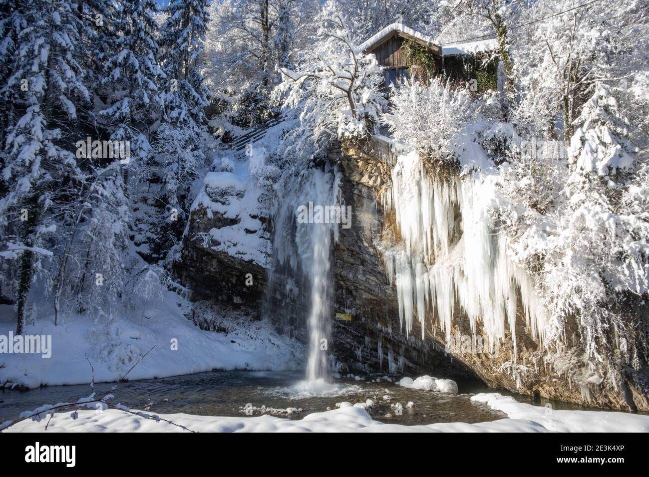 Winter wonderland at waterfall Rotes Tor in Rankweil Stock Photo