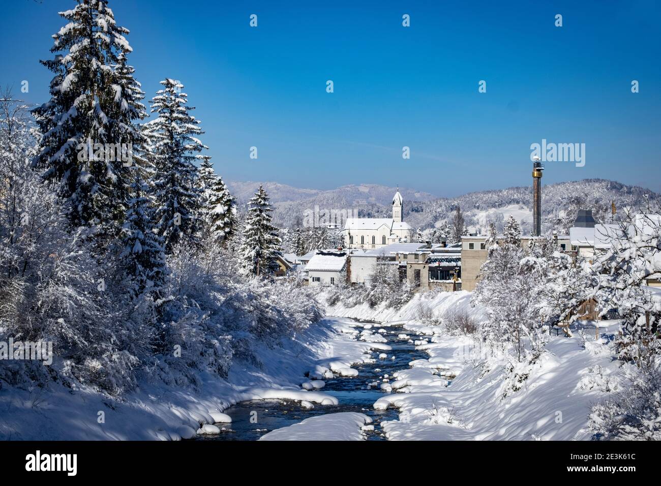 View to Muntlix in winter wonderland in Rankweil Stock Photo