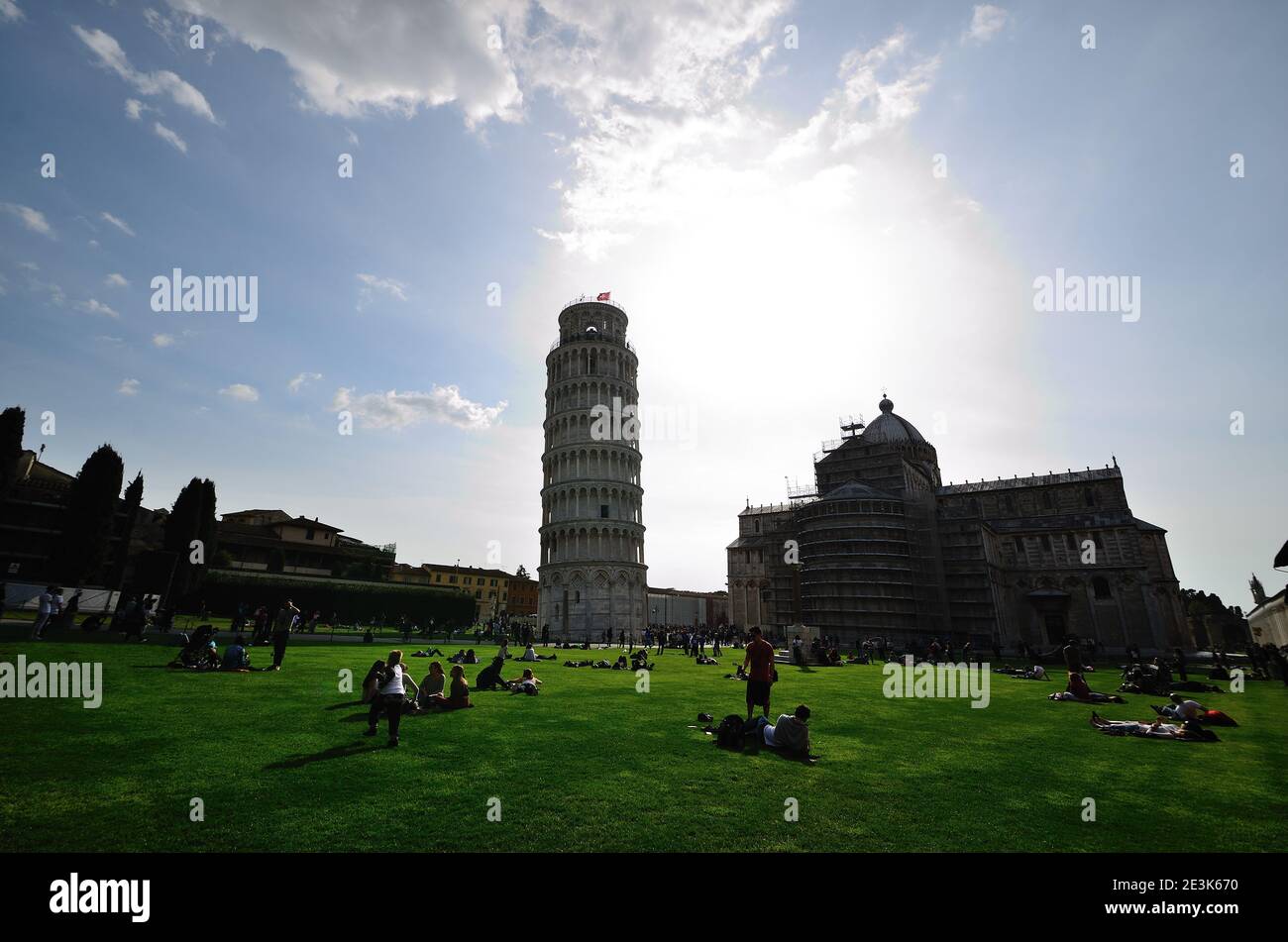 Leaning Tower of Pisa photographed against the sun Stock Photo
