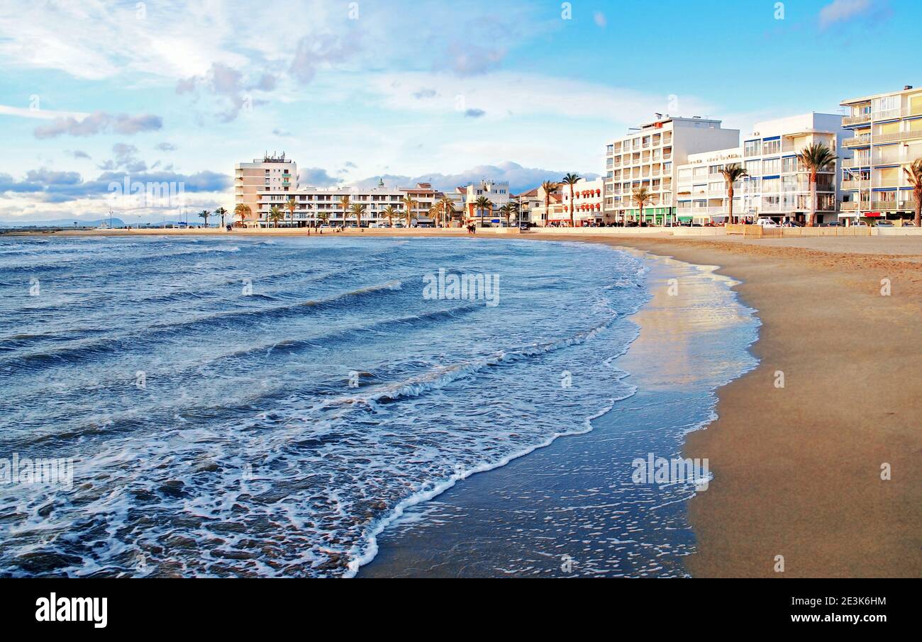 Beach in front of the buildings at Le Grau du Roi in Occitanie, France. Stock Photo
