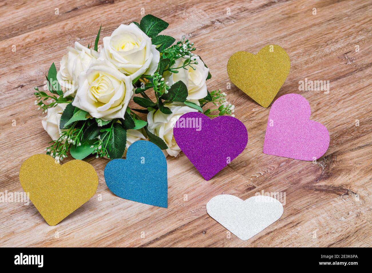 cards on the occasion of Valentine's Day, Mother's Day, Women's or Birthday's Day, space for text, glitter colored hearts, jewelry boxes Stock Photo