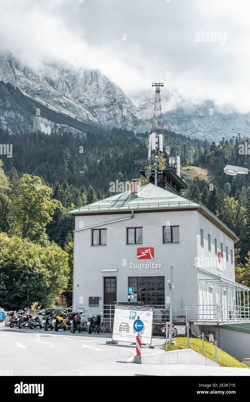 Zugspitze, Germany Aug 5, 2020 Cable car station by Eibsee lake in