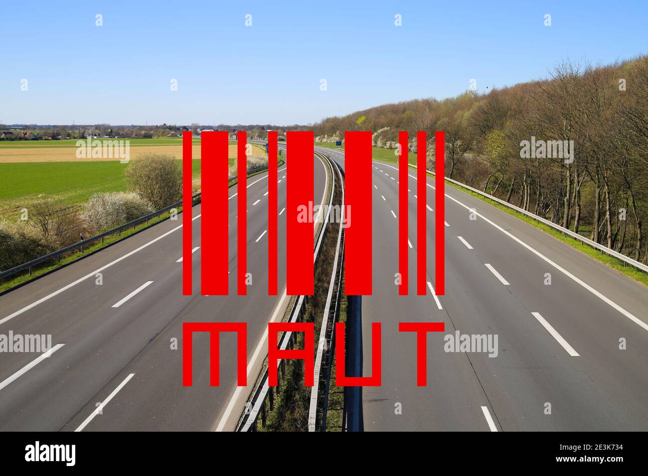 Road toll maut concept: View on german highway with red bar code and word text maut Stock Photo