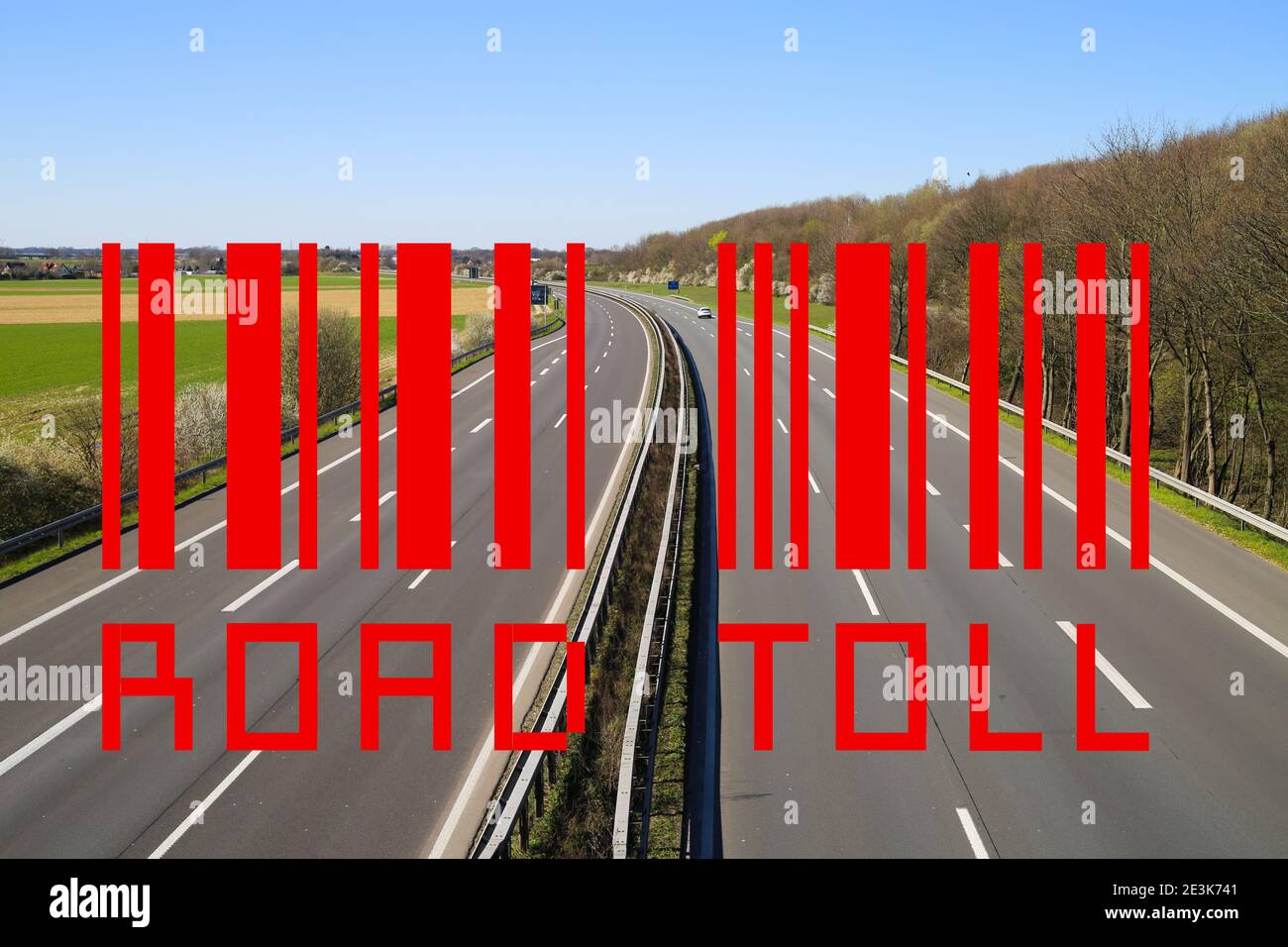 maut concept: View on german highway with red bar code and word text road toll Stock Photo