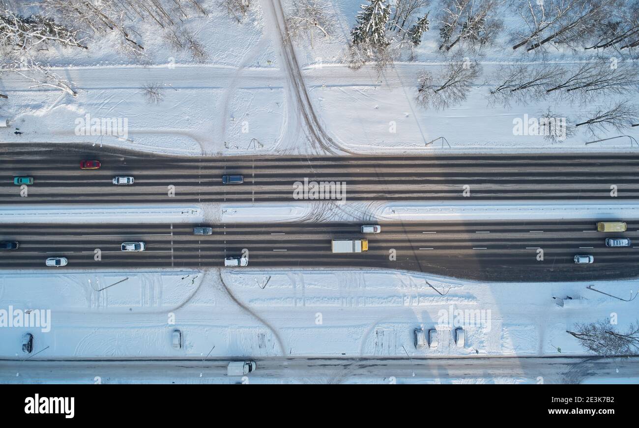 Asphalt frozen road aerial drone top view. Highway road Stock Photo