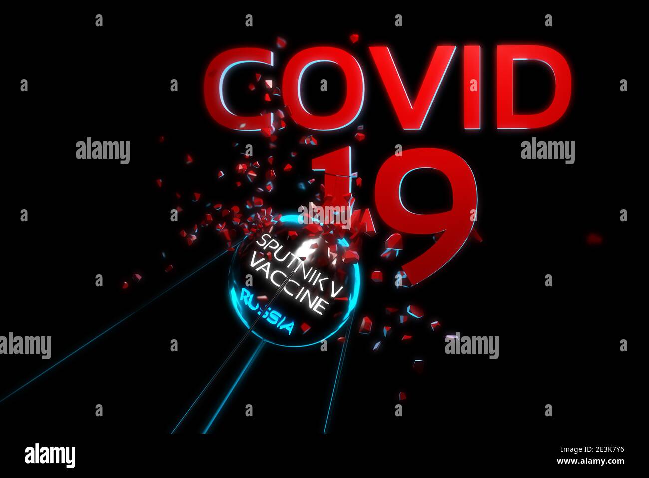 Flying satellite breaks inscription covid-19. New vaccine named sputnik created by scientists of Russia. 2019-nCov pandemic 3d illustration. Selective Stock Photo