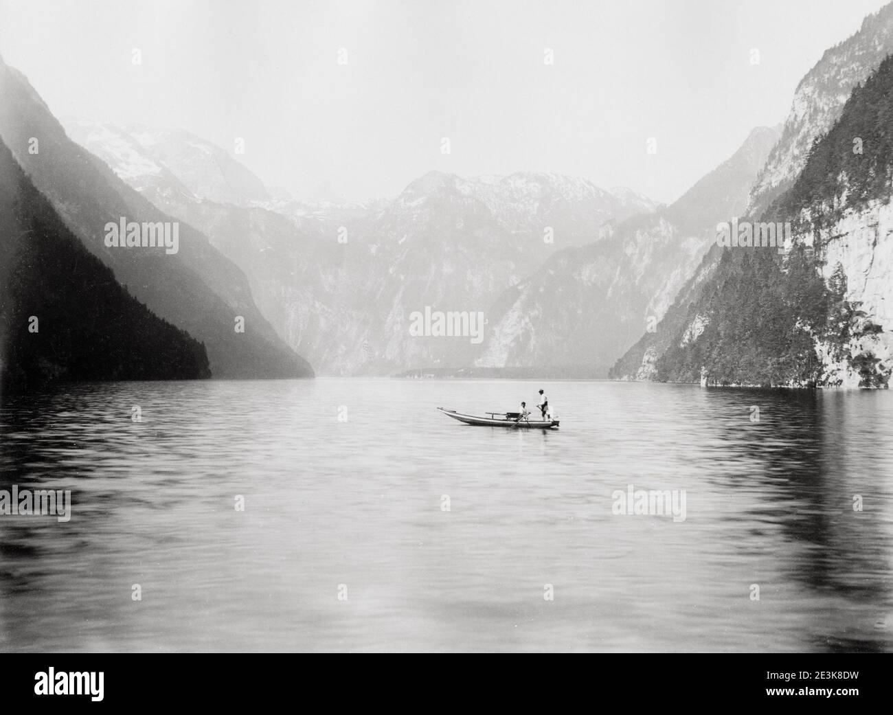 19th century vintage photograph: The Königssee is a natural lake in the extreme southeast Berchtesgadener Land district of the German state of Bavaria, near the Austrian border. Stock Photo