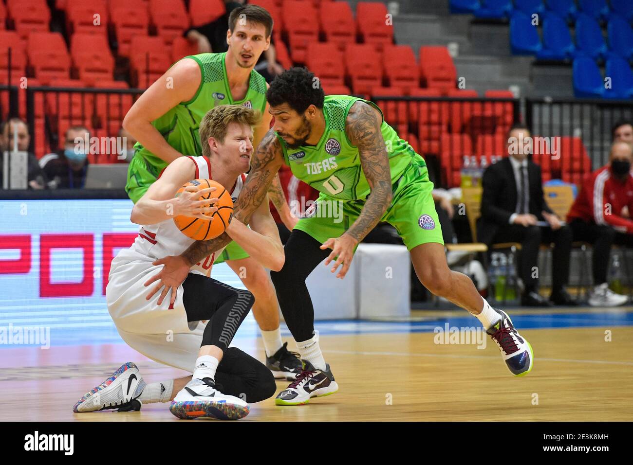 Nymburk, Czech Republic. 19th Jan, 2021. (L-R) Hayden Dalton of Nymburk,  Tomislav Zubcic and DeVaughn Akoon-Purcell of Bursa in action during the  men's Basketball League 6th round, B group match Nymburk vs