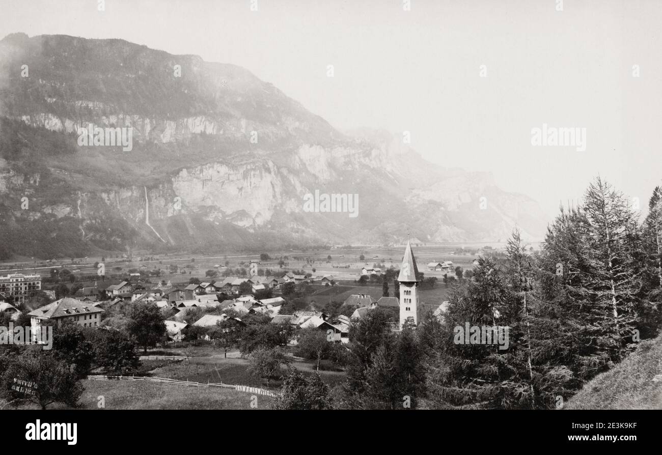 19th century vintage photograph: Meiringen is a municipality in the Interlaken-Oberhasli administrative district in the canton of Bern in Switzerland. Stock Photo