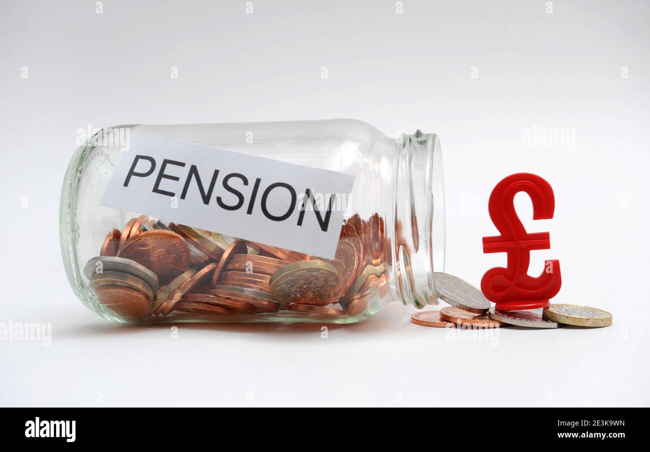 PENSION POT JAR WITH POUND SIGN RE PENSIONS RETIREMENT SAVINGS PENSIONERS ETC UK Stock Photo