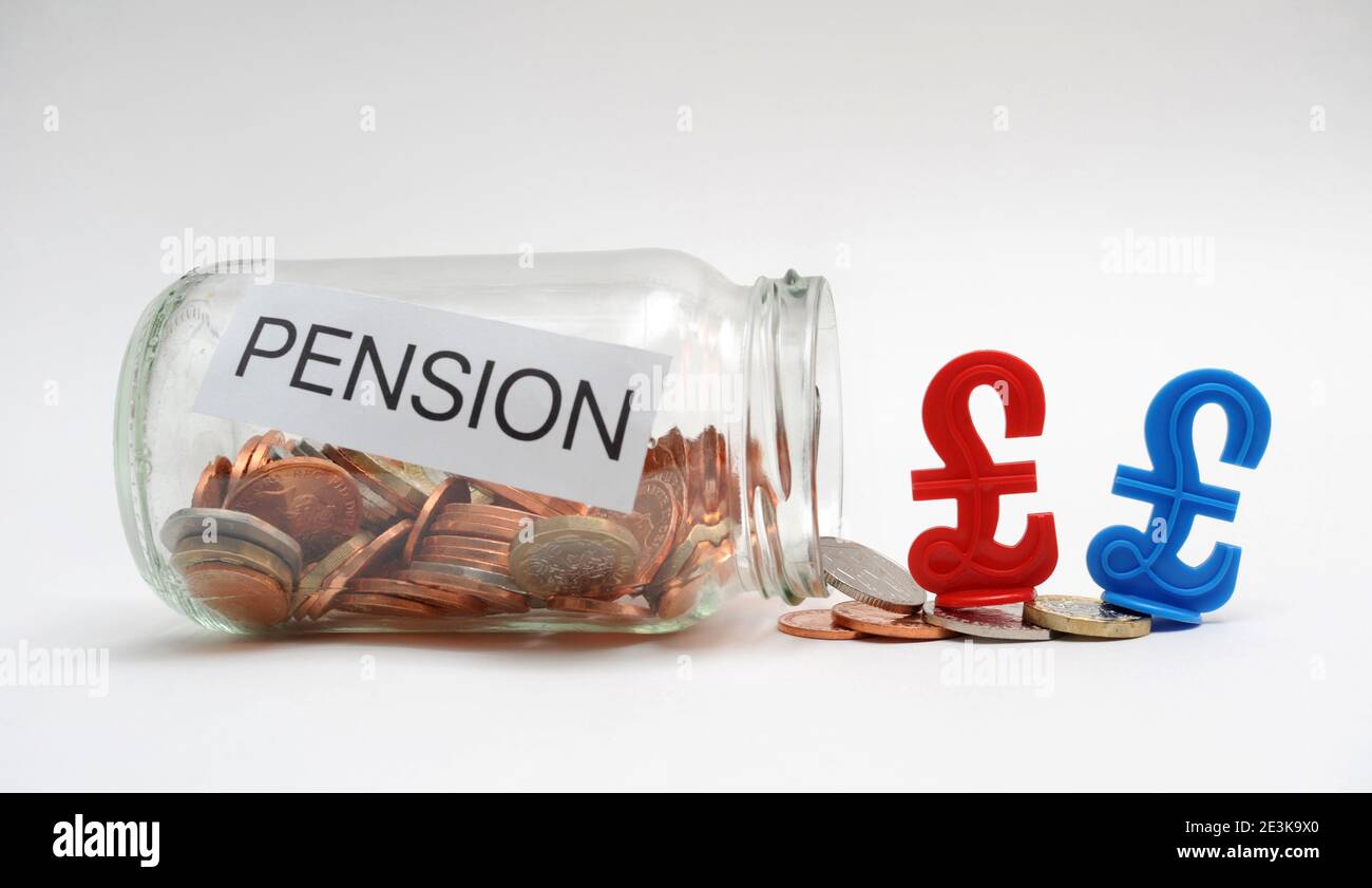 PENSION POT JAR WITH POUND SIGNS RE PENSIONS RETIREMENT SAVINGS PENSIONERS ETC UK Stock Photo